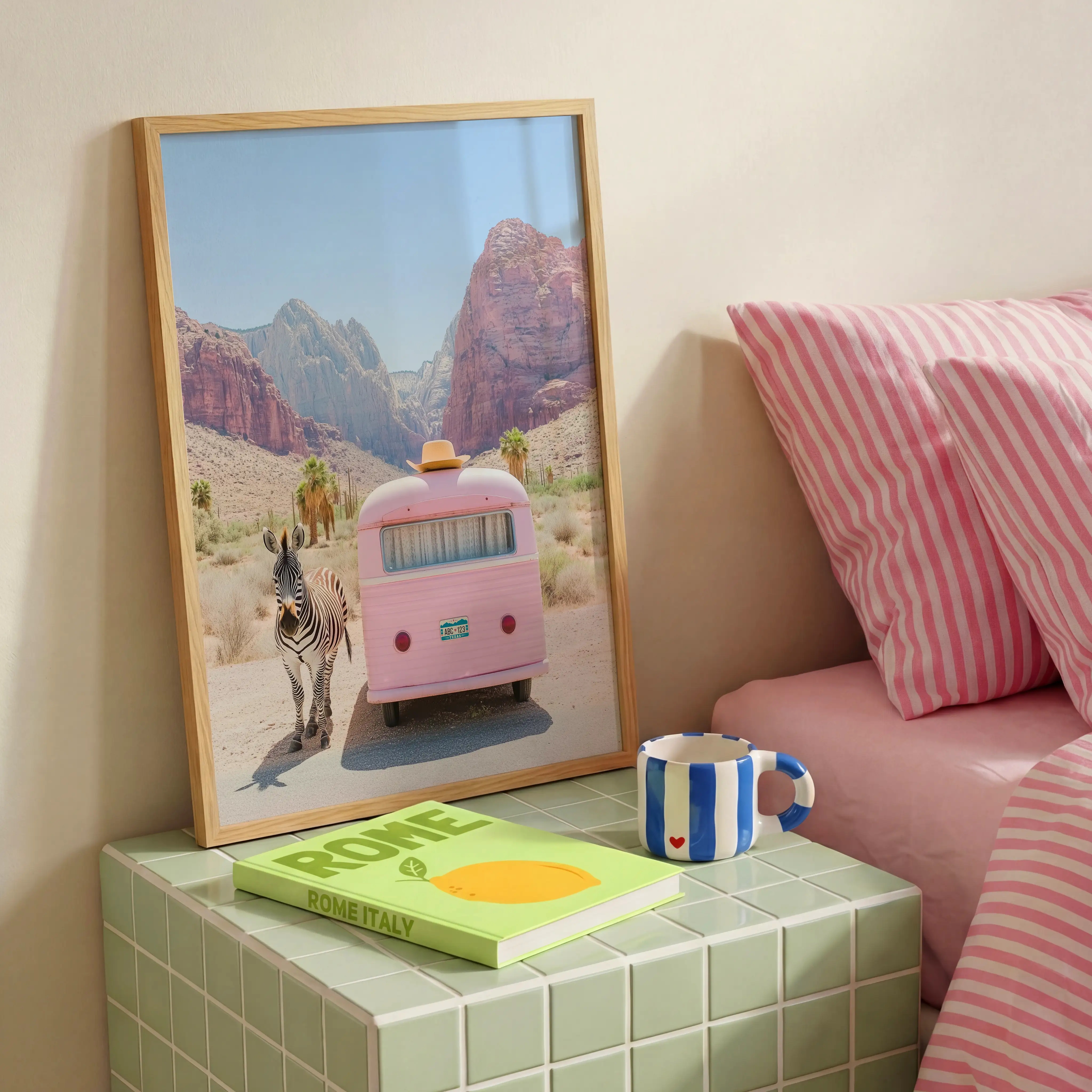 Zebra pink trailer wall art artwork view 2 with a zebra subject paired with a pink trailer in a crisp retro-desert composition