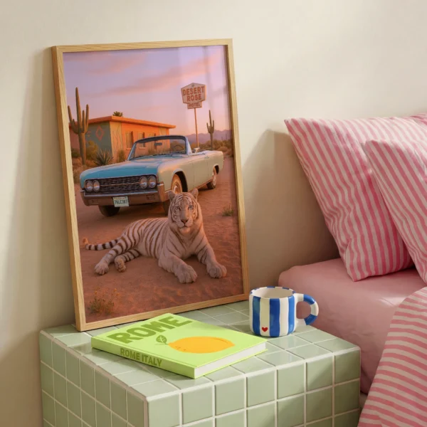 White tiger motel wall art image 2 with a white tiger beside a classic car and motel signage under warm sunset tones