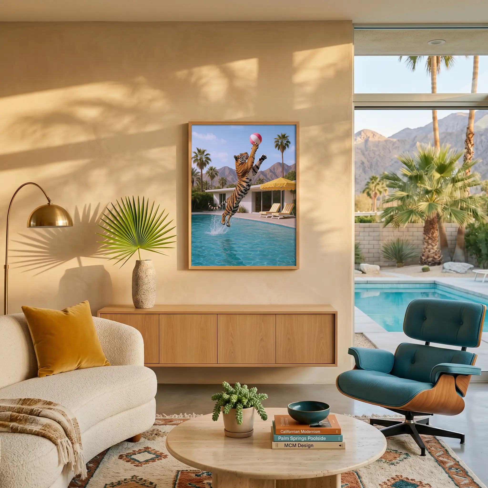 Palm Springs-inspired framed lion print with bold red Mustang scene.