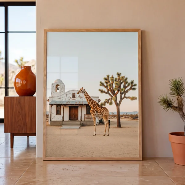 Desert giraffe wall art image 2 with a giraffe in an open desert setting with sculptural forms, neutral light, and quiet cinematic depth