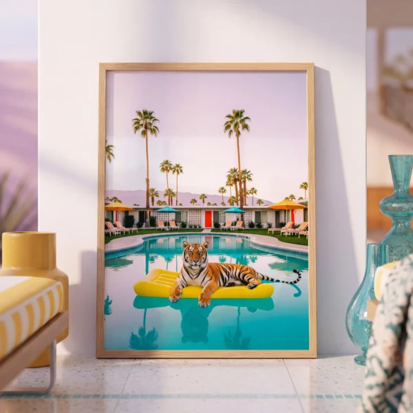 Tiger pool float wall art artwork view 2 with a tiger and pool float composition with bold water color and relaxed summer mood