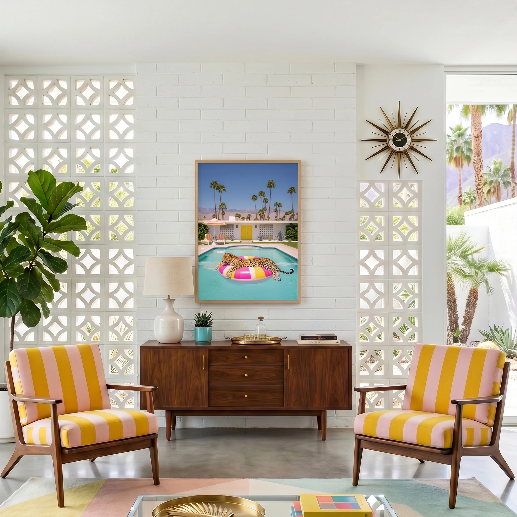 Palm Springs leopard wall art print displayed in a mid-century modern interior