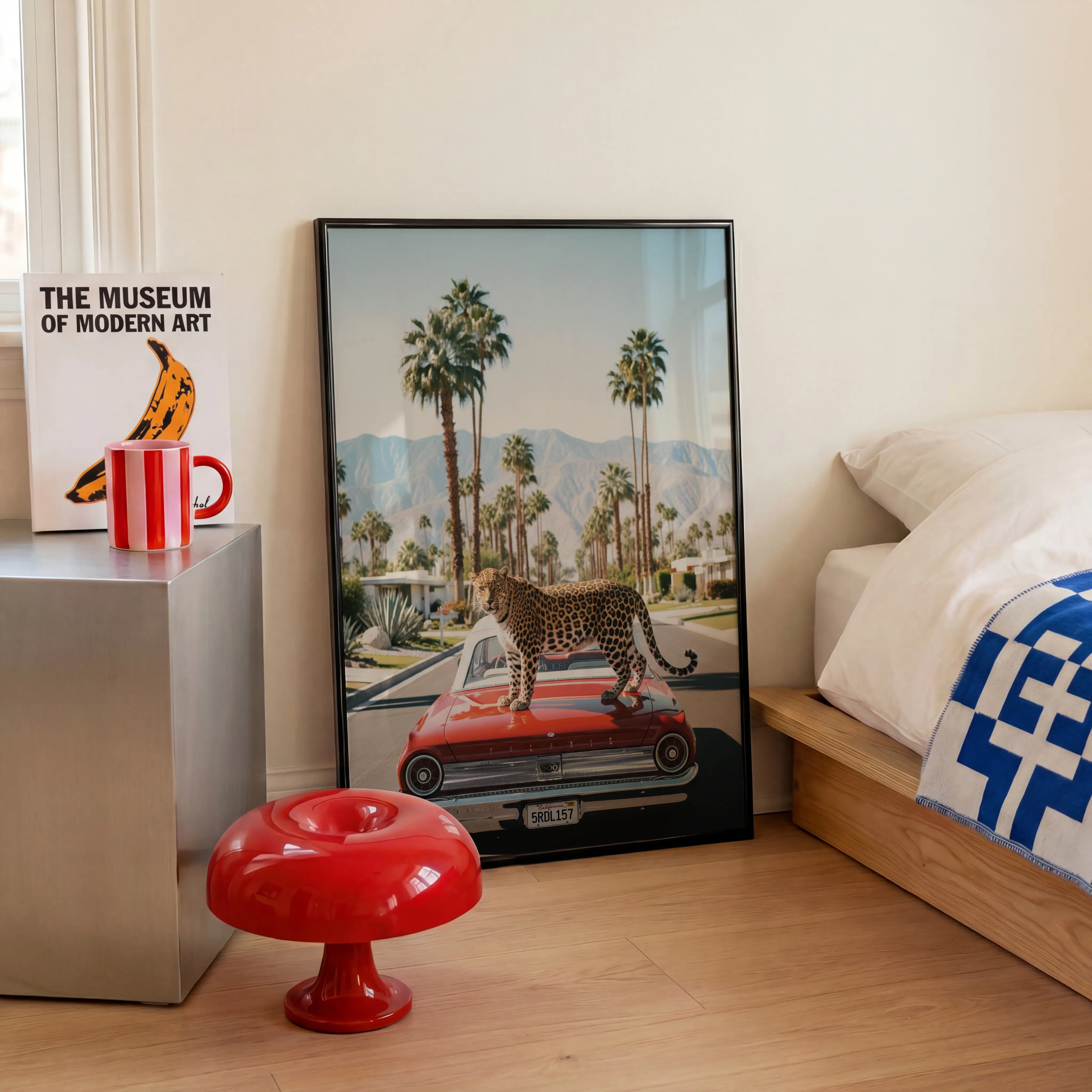 Leopard red classic car wall art image 2 with a poised leopard set against a red classic car, desert light, and palm-lined California mood
