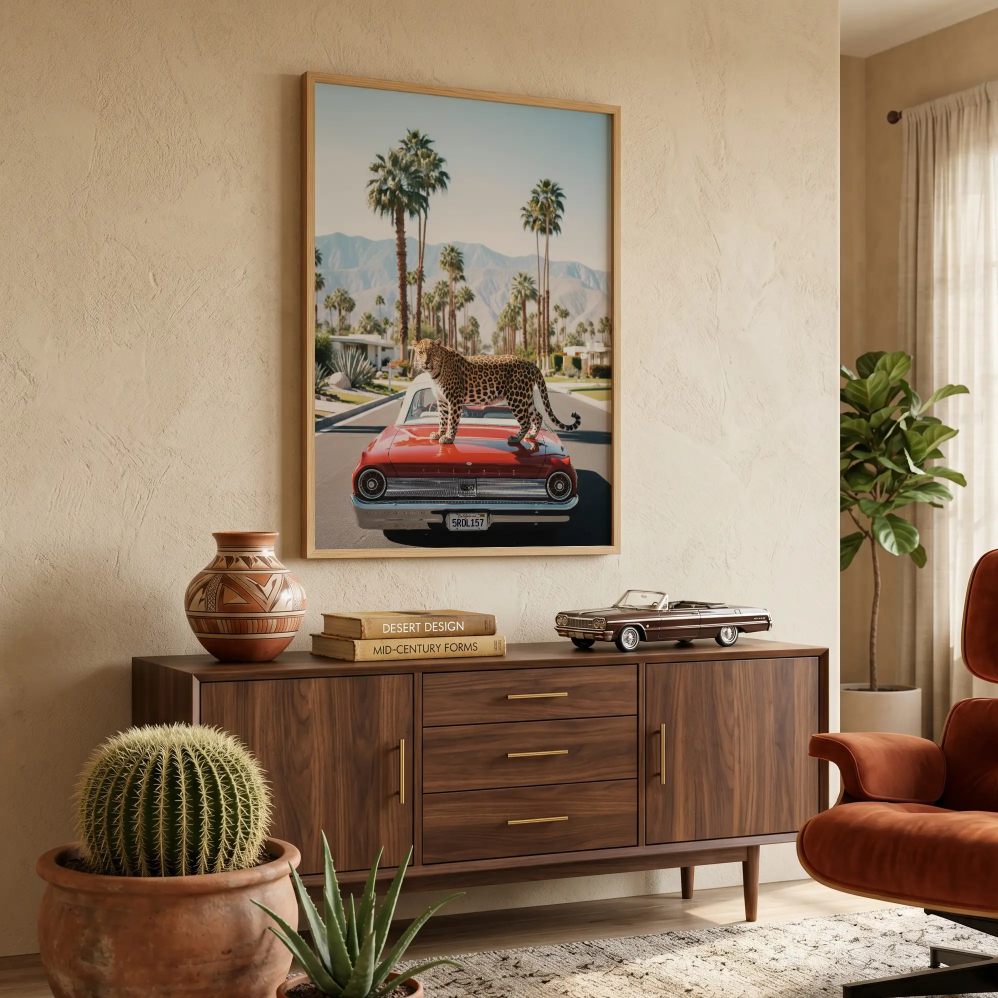 Leopard red classic car wall art image 3 with a poised leopard set against a red classic car, desert light, and palm-lined California mood