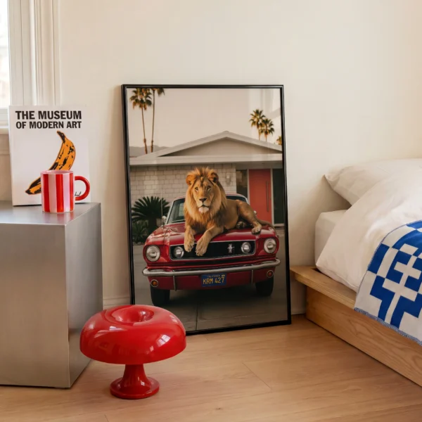 Lion wall art print with red Mustang and Palm Springs mood.
