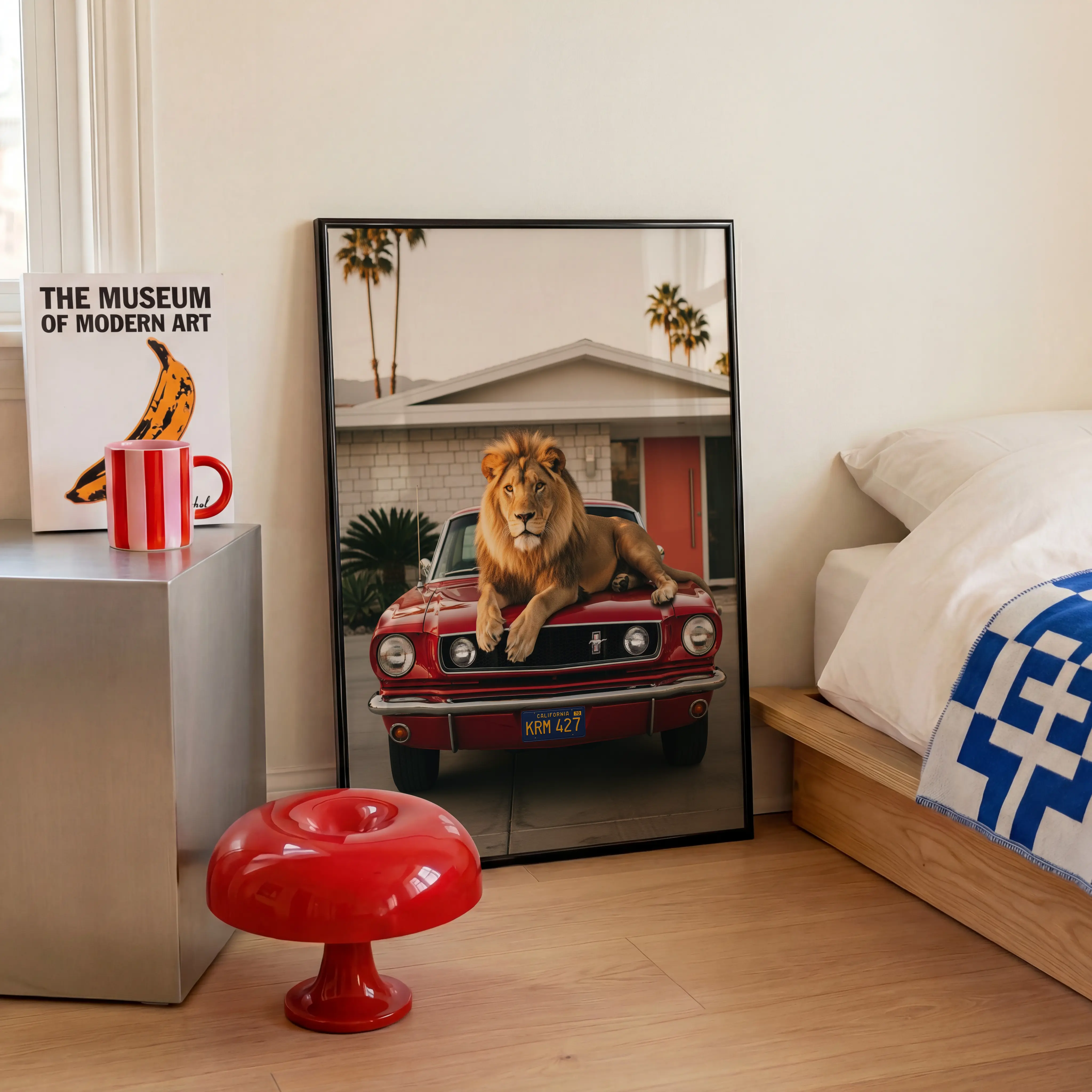 Lion wall art print with red Mustang and Palm Springs mood.