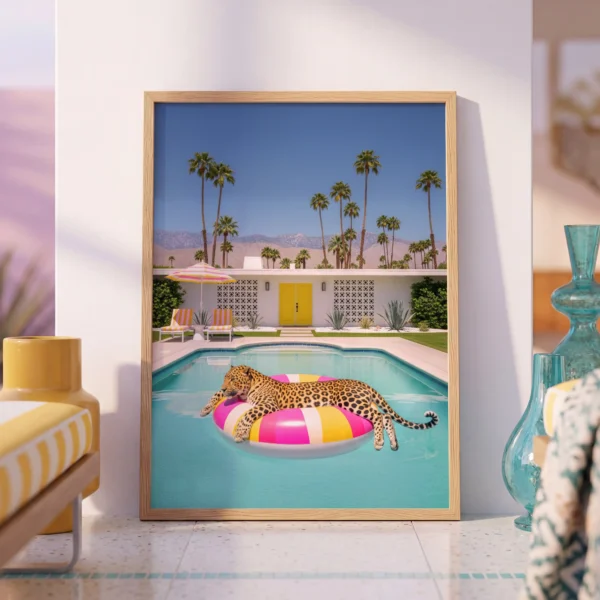 Leopard pool float wall art artwork view 2 with a leopard on a pool float with warm light and relaxed Palm Springs atmosphere