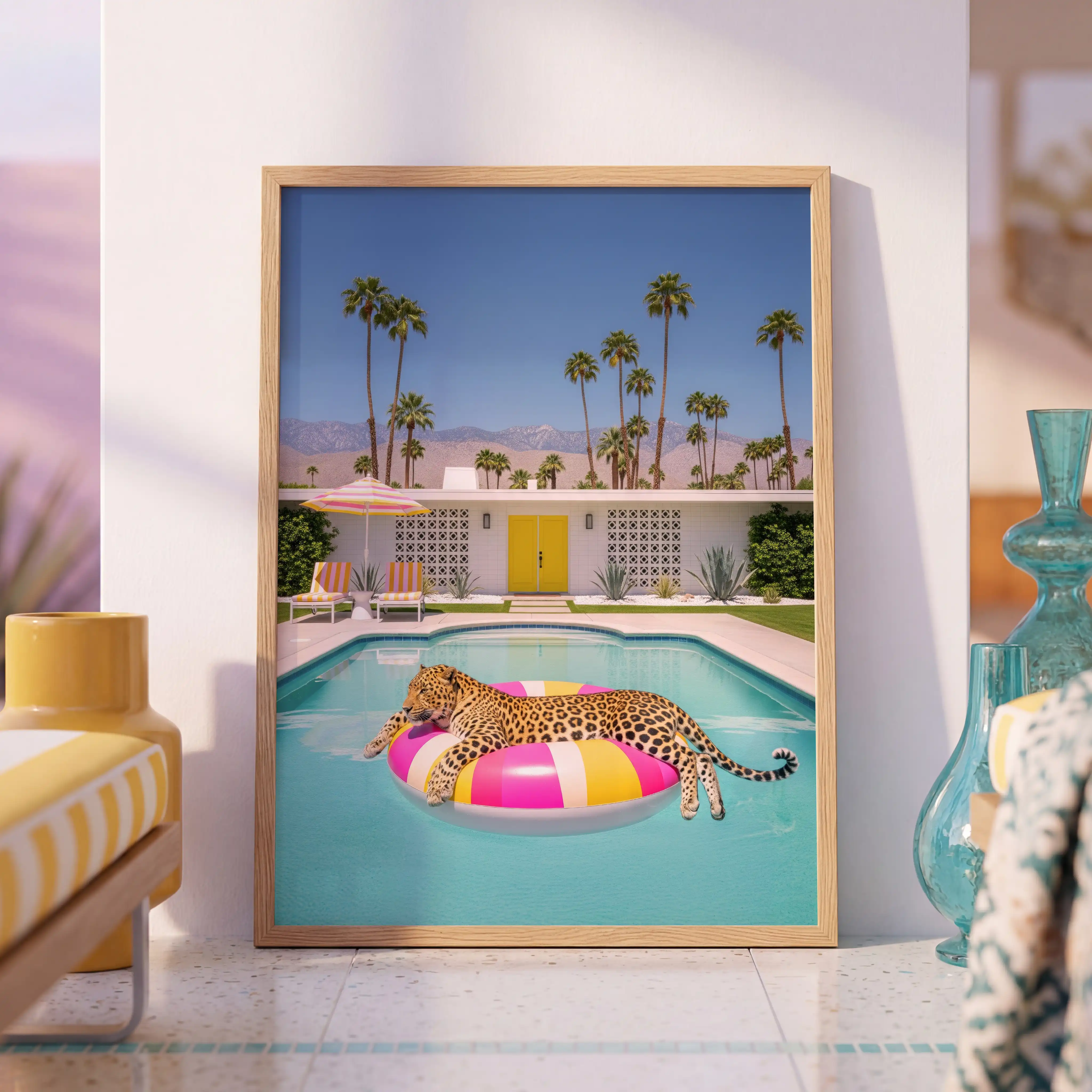 Palm Springs leopard wall art print displayed in a bright poolside interior