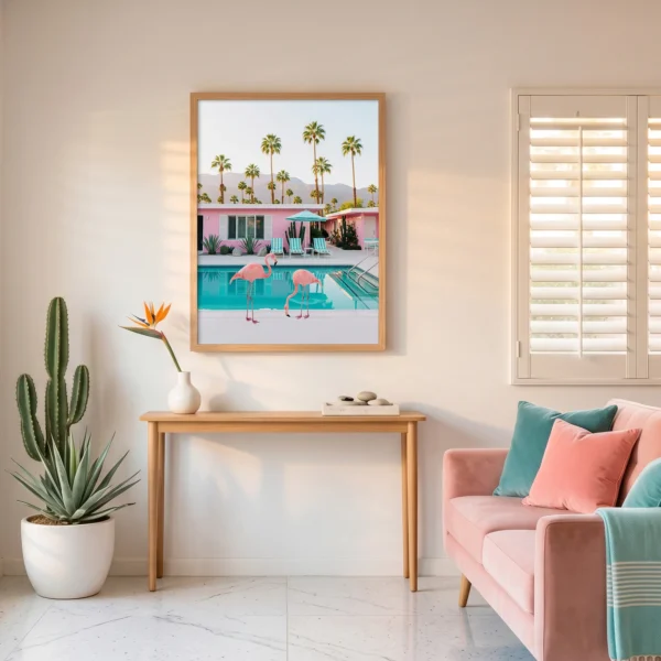 Flamingo wall art print with bright poolside resort scene.