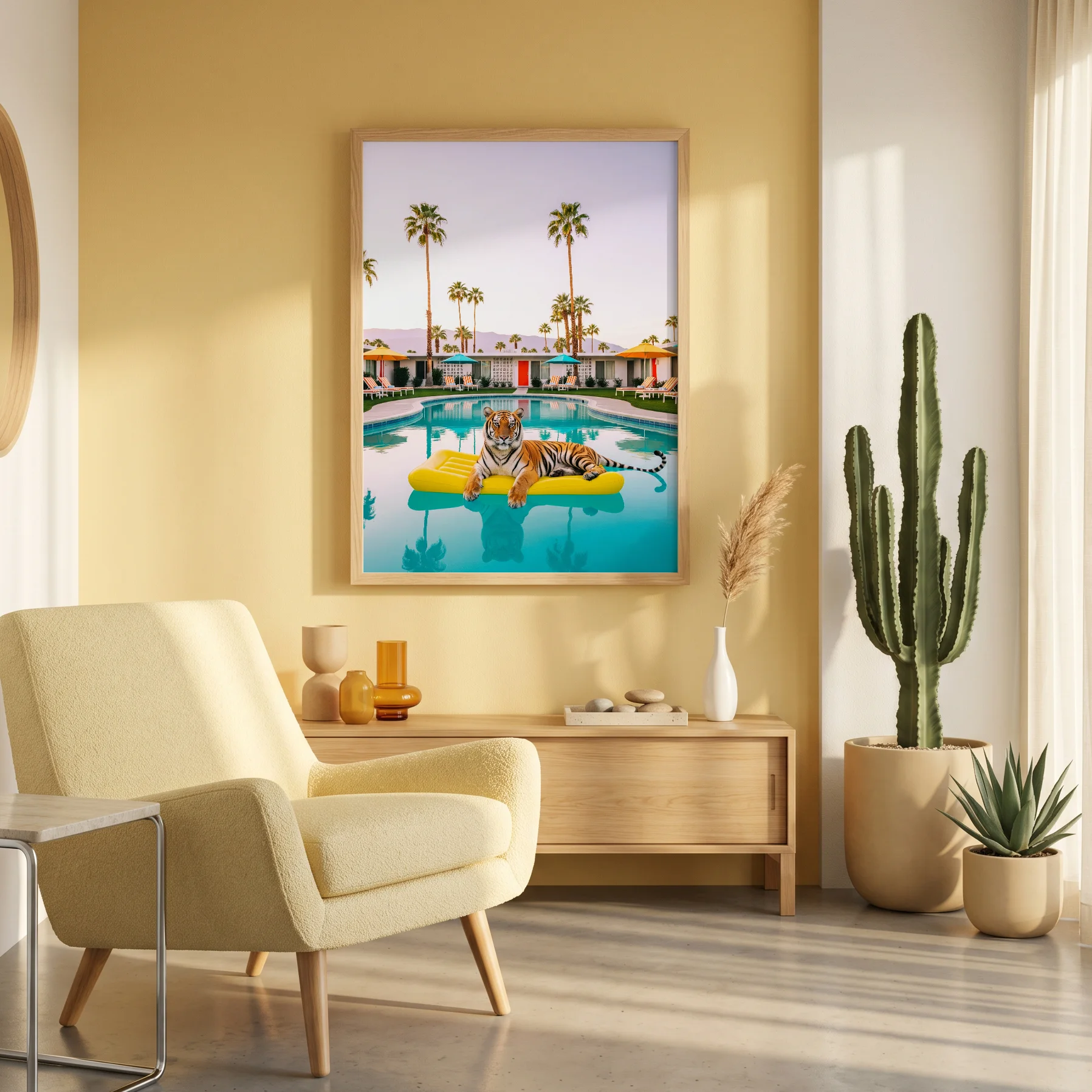Tiger pool float wall art artwork view 3 with a tiger and pool float composition with bold water color and relaxed summer mood