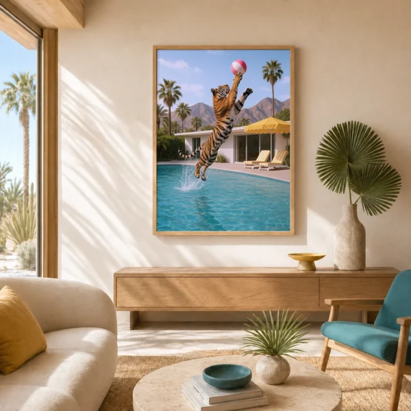 Tiger beach ball wall art artwork view 2 with an action-driven tiger scene featuring a beach ball and poolside movement