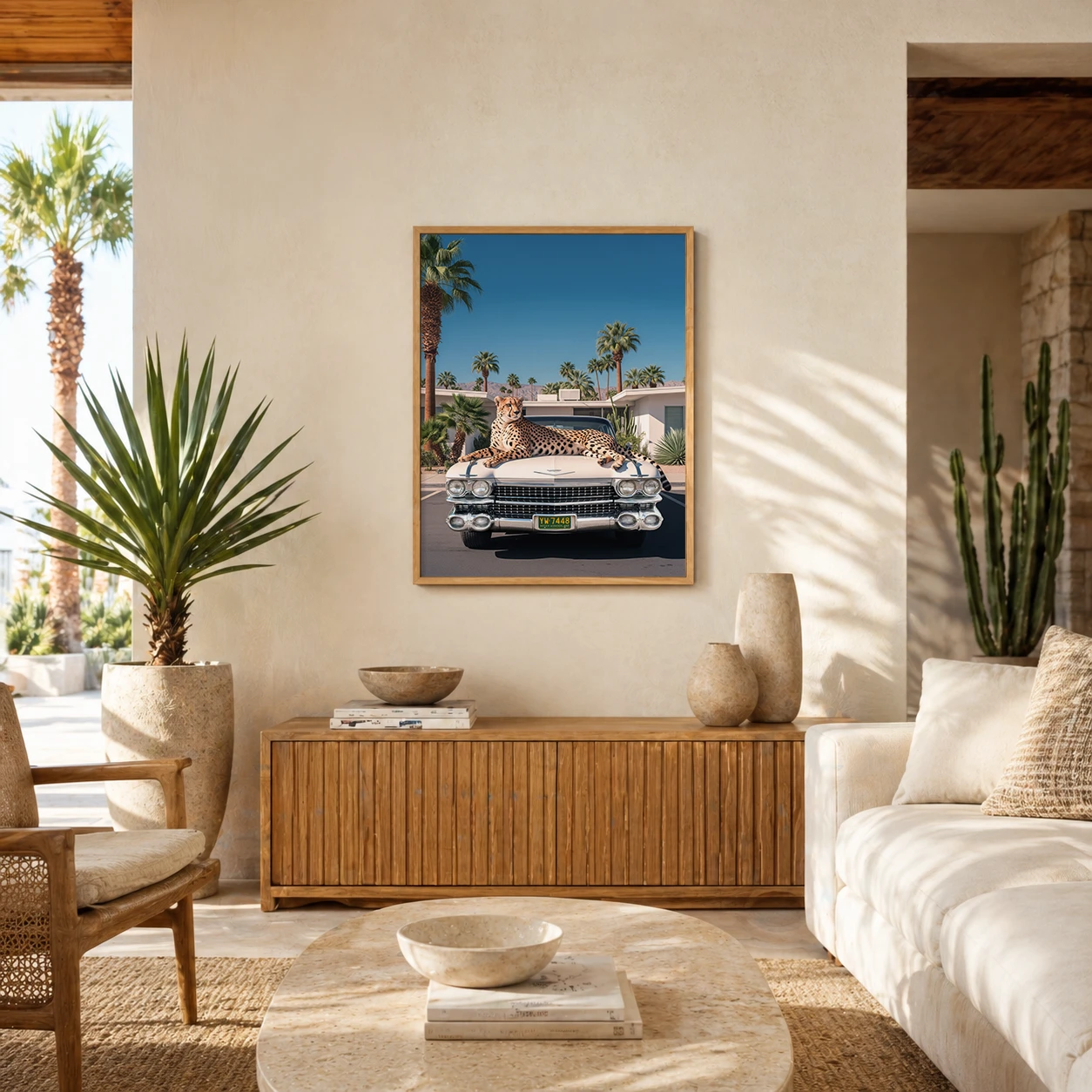 Palm Springs cheetah wall art print displayed in a neutral desert modern living room