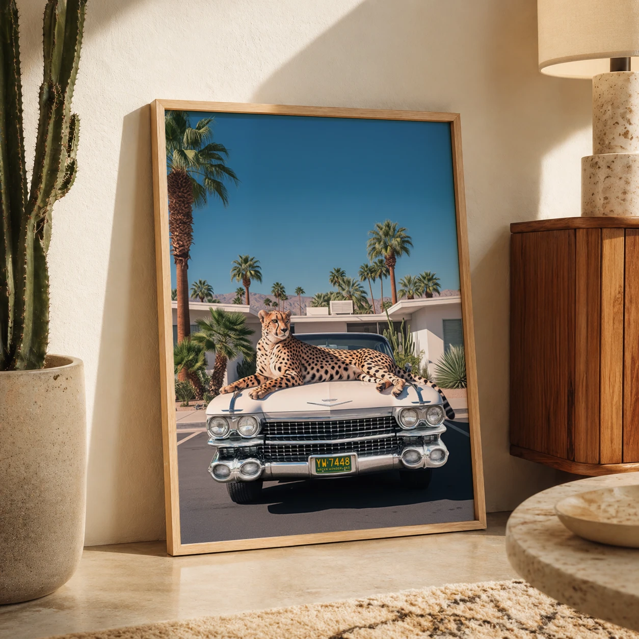Cheetah and Cadillac wall art print with retro California mood.