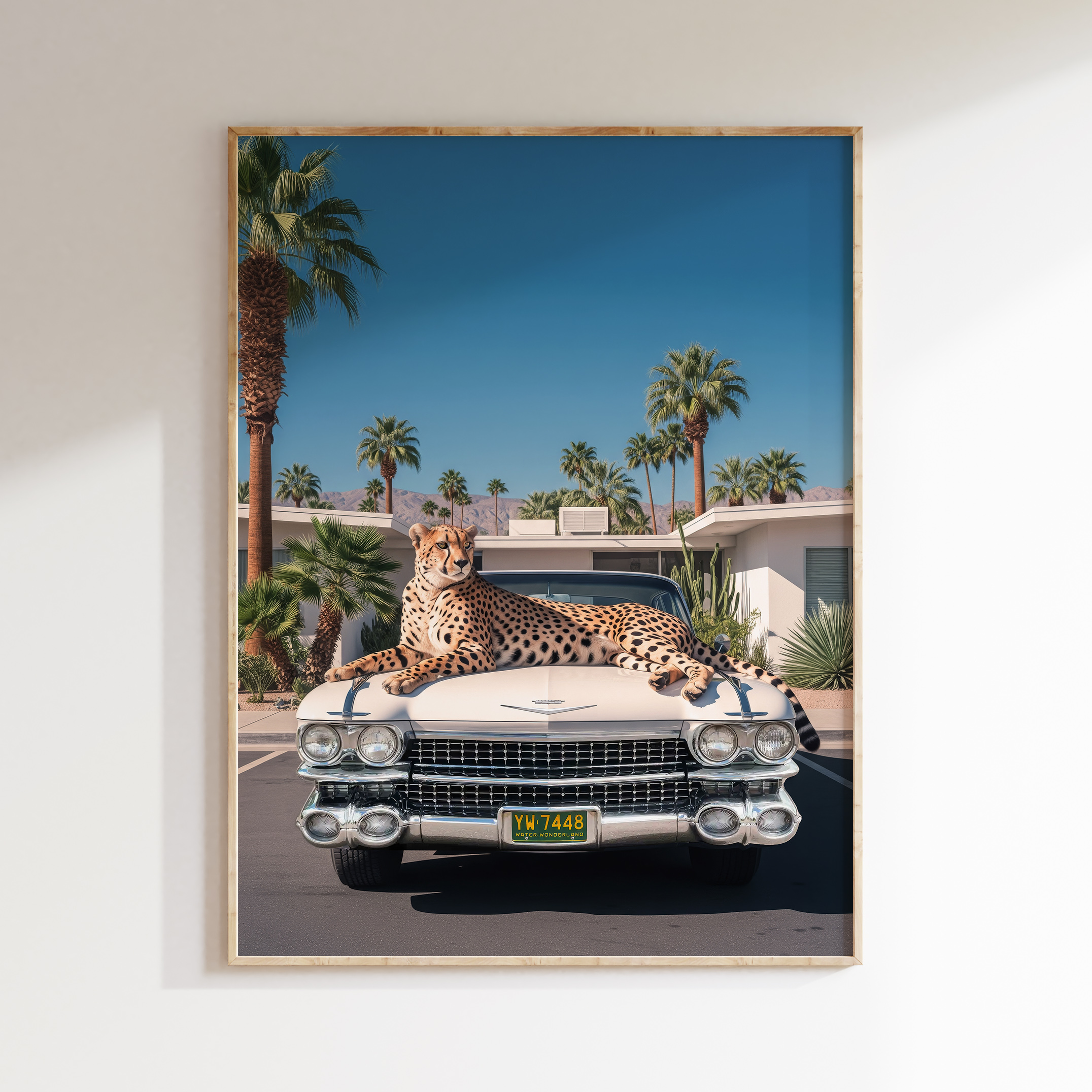 Framed Palm Springs cheetah Cadillac art print for modern interiors.