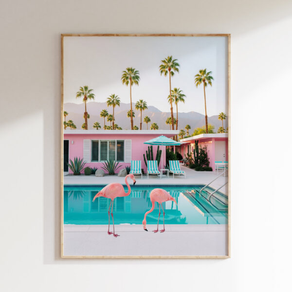 Pink flamingos by a turquoise pool in Palm Springs wall art print