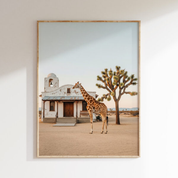 Desert giraffe wall art image 1 with a giraffe in an open desert setting with sculptural forms, neutral light, and quiet cinematic depth