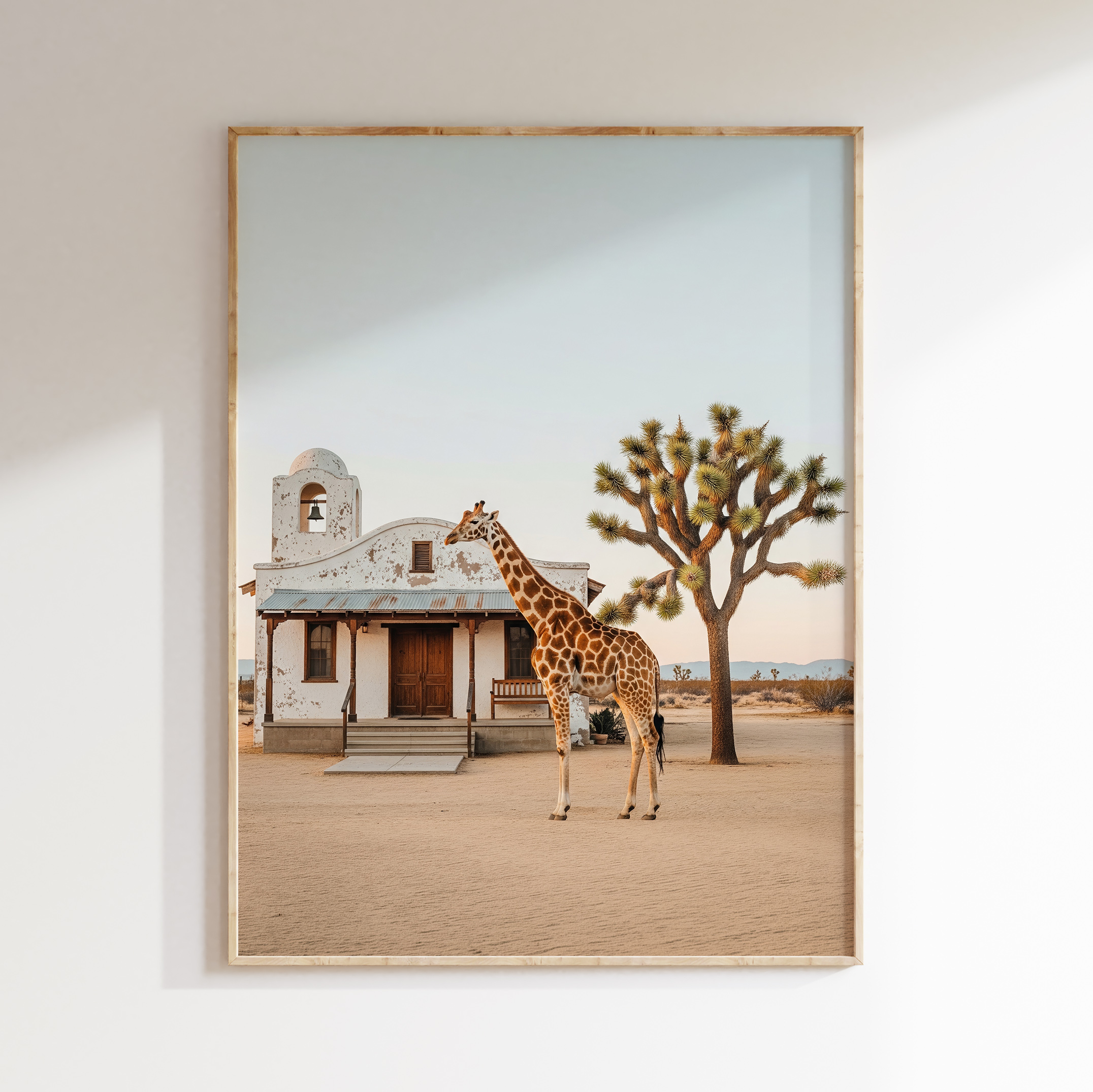 Desert giraffe wall art image 1 with a giraffe in an open desert setting with sculptural forms, neutral light, and quiet cinematic depth