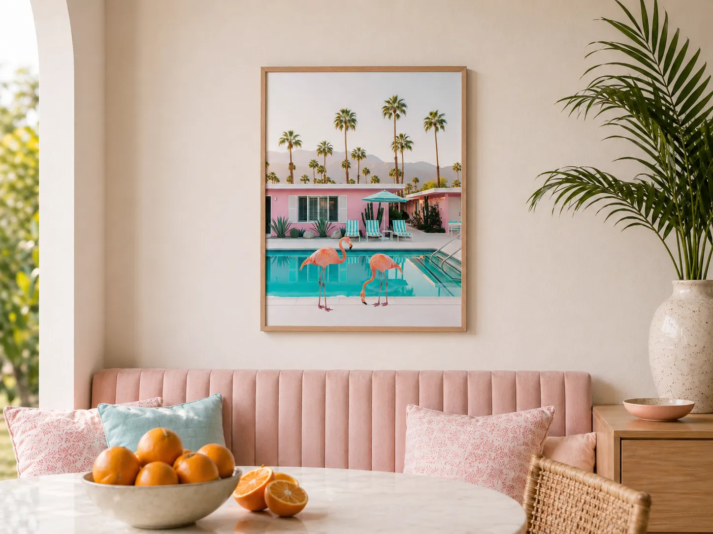 Palm Springs wall art print in a bright dining nook