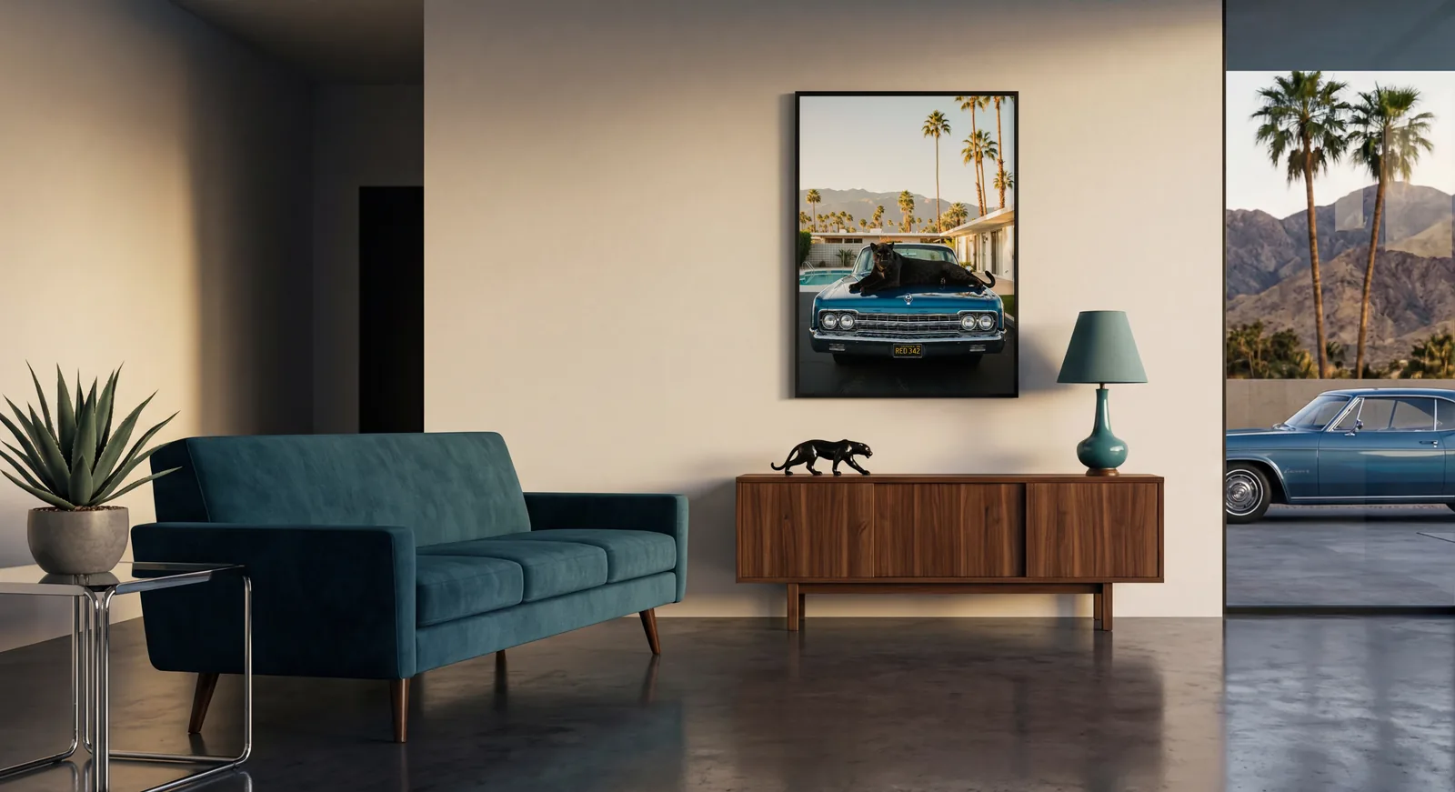 Black panther wall art in a colorful Palm Springs poolside setting