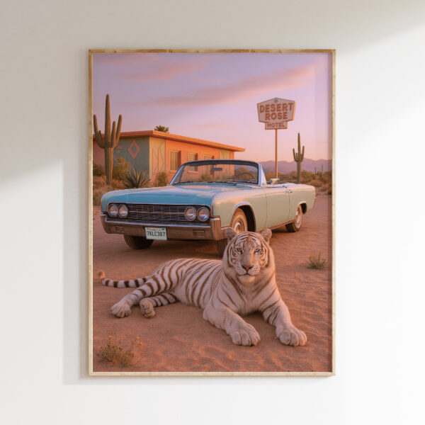 White tiger motel wall art image 1 with a white tiger beside a classic car and motel signage under warm sunset tones