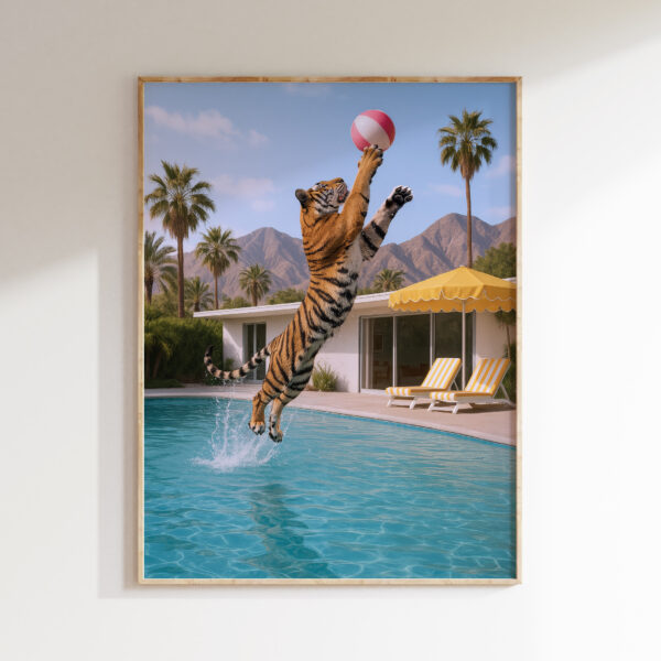 Tiger beach ball wall art artwork view 1 with an action-driven tiger scene featuring a beach ball and poolside movement