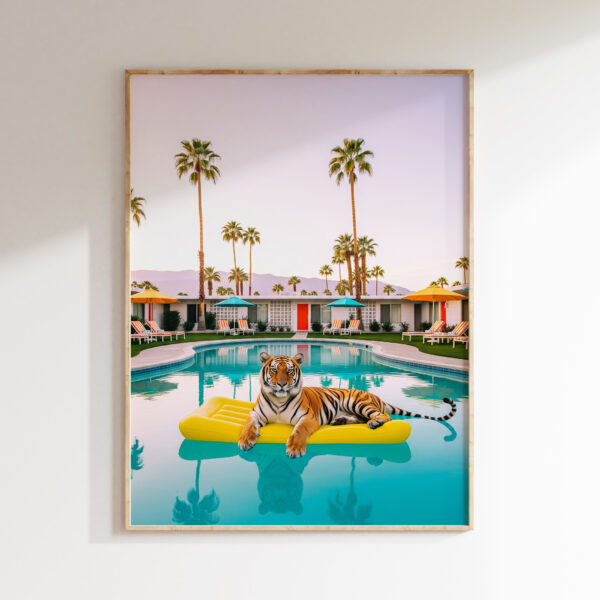 Tiger pool float wall art artwork view 1 with a tiger and pool float composition with bold water color and relaxed summer mood