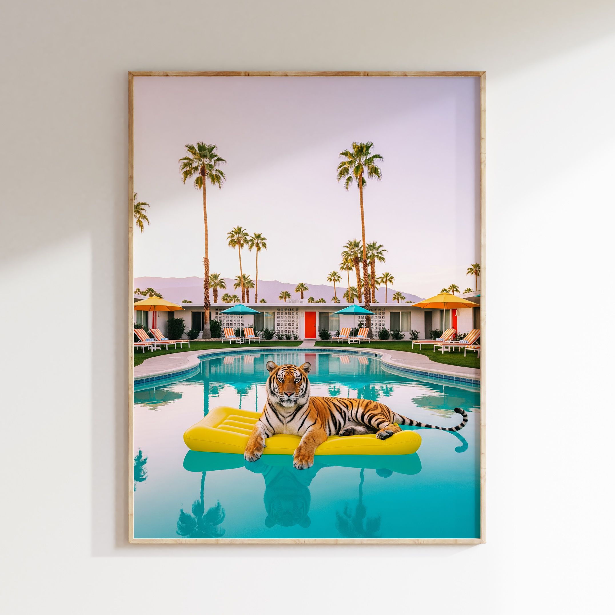 Tiger pool float wall art artwork view 1 with a tiger and pool float composition with bold water color and relaxed summer mood