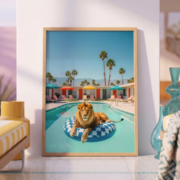 Lion poolside art print with checkered pool float and resort mood.