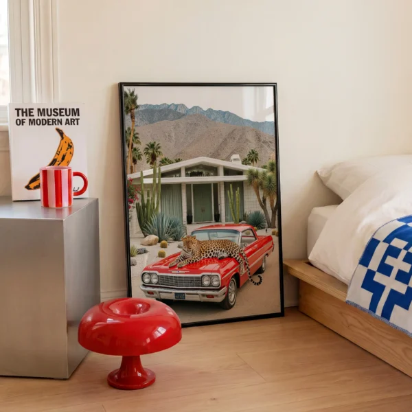 Leopard desert art print with red classic car and desert modern mood.