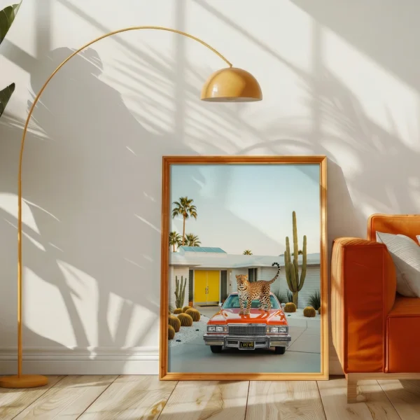 Leopard car art print with yellow door and retro Palm Springs mood.