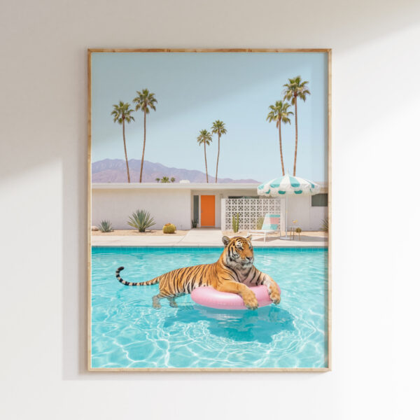 Tiger pink ring poolside wall art in a Palm Springs-inspired courtyard