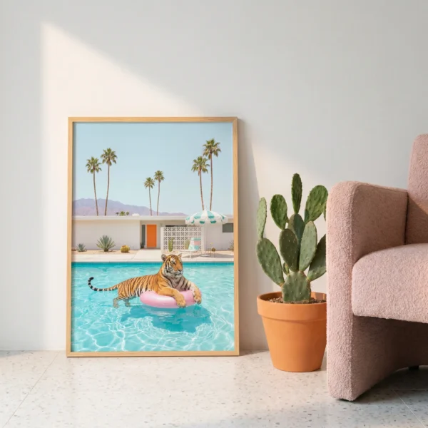 Framed tiger poolside artwork with pink ring and turquoise pool scene