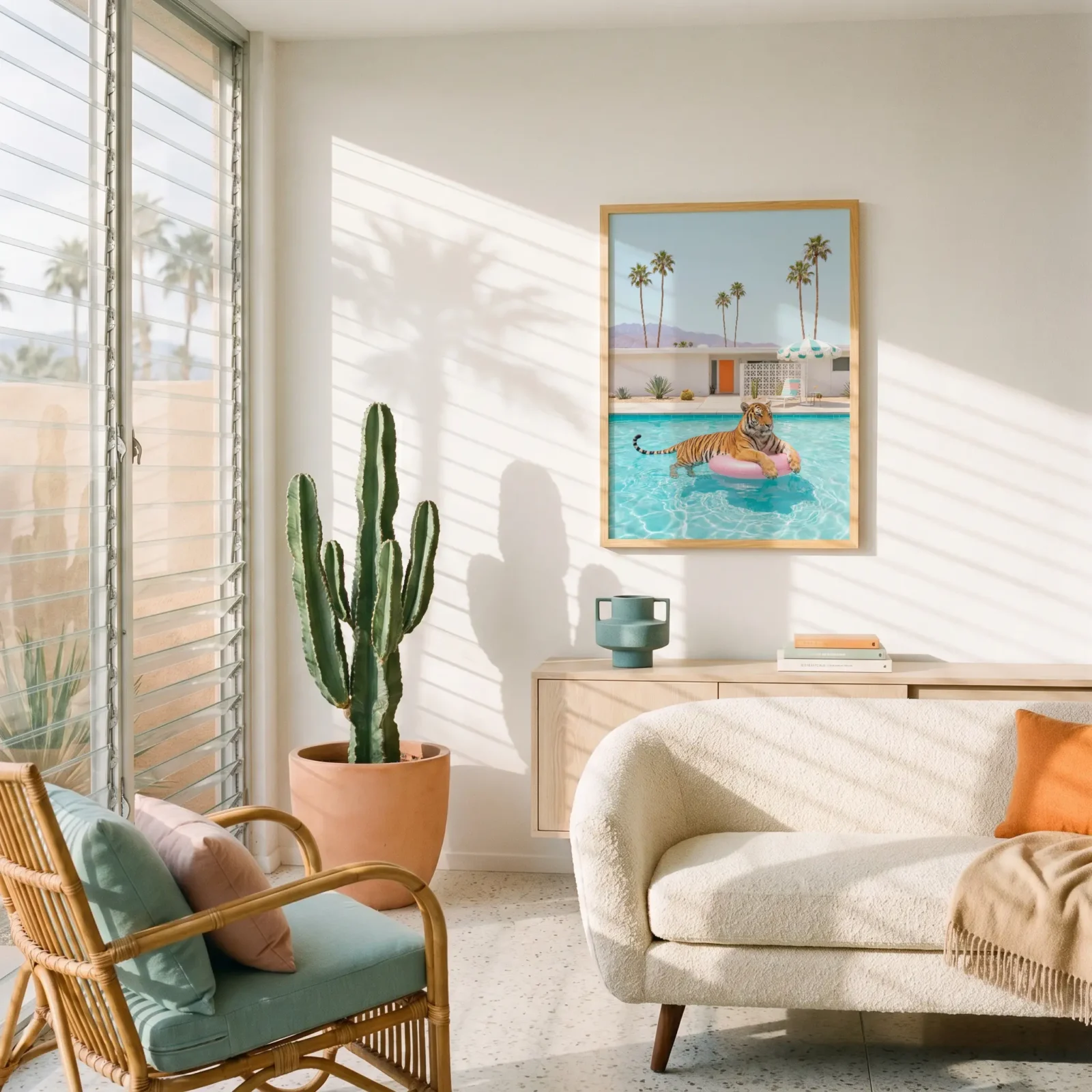 Tiger pink ring wall art styled in a modern Palm Springs-inspired room
