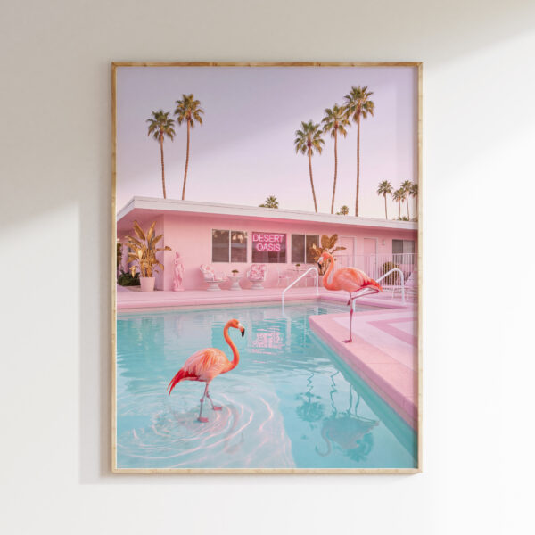 Flamingo desert oasis wall art with pink poolside resort and turquoise water