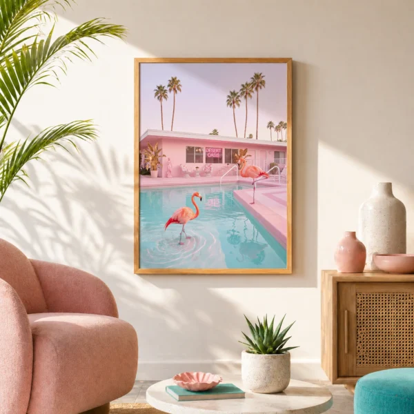 Framed flamingo desert oasis wall art in a Palm Springs-inspired interior