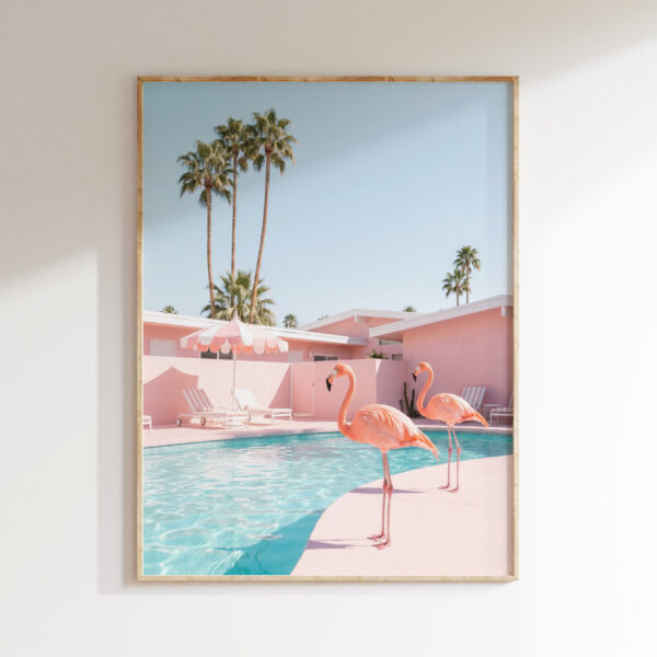 Flamingos at pink pool courtyard wall art in Palm Springs style