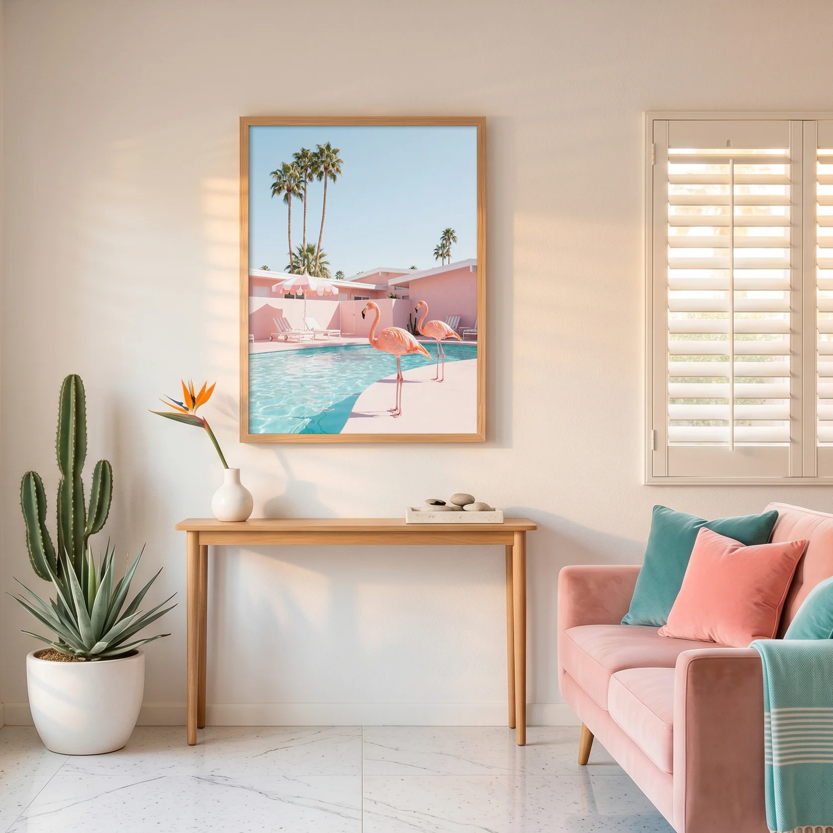 Flamingos in pink courtyard by turquoise pool artwork detail