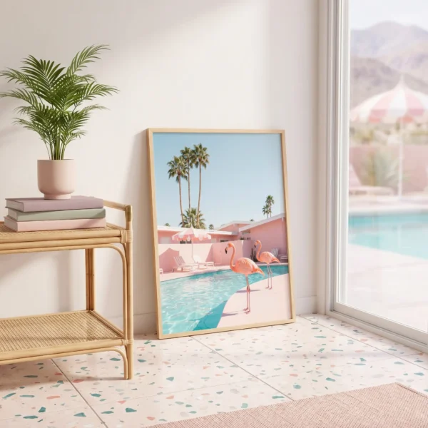 Flamingo poolside detail in pink Palm Springs courtyard art
