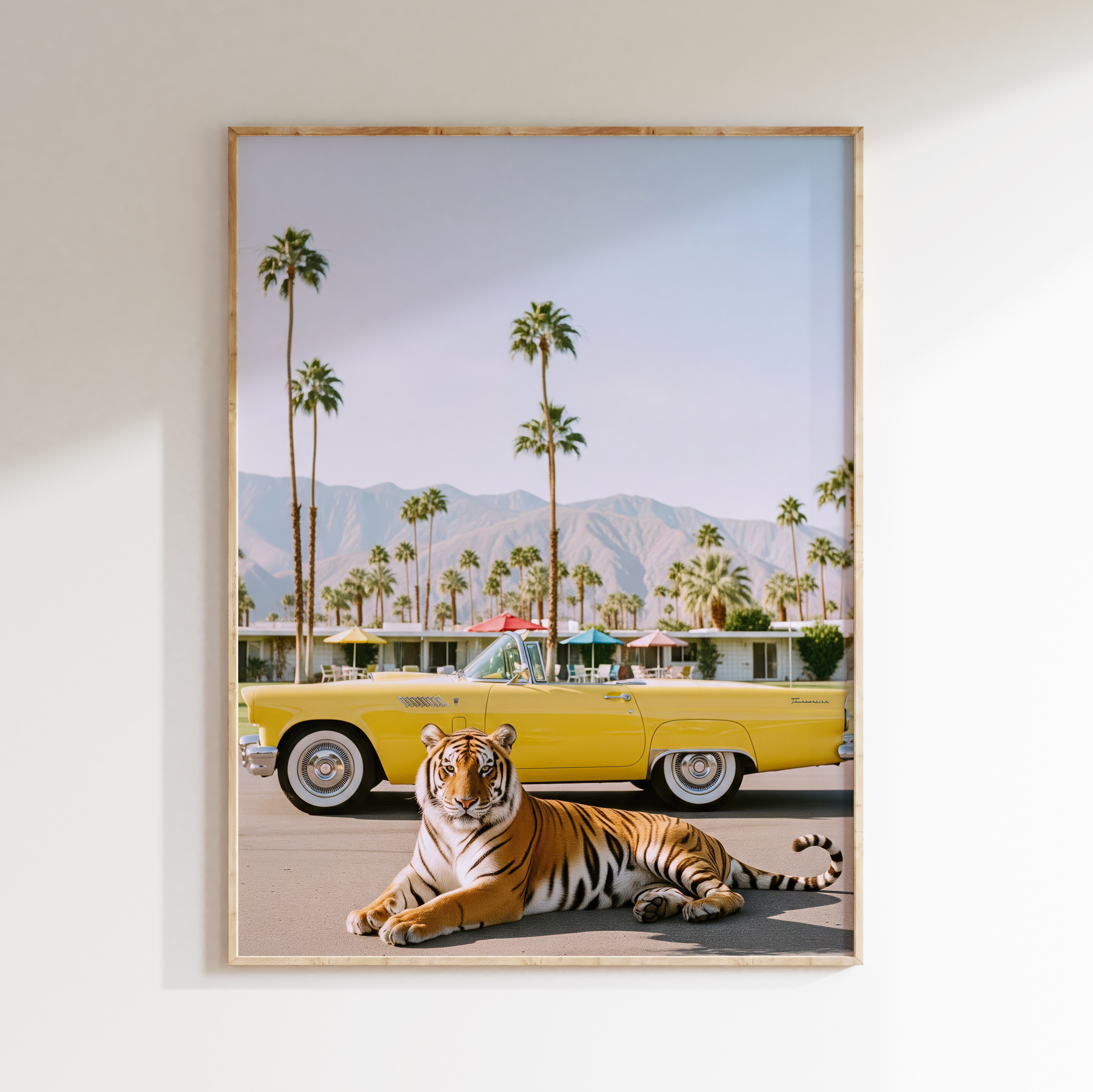 Tiger yellow convertible wall art image 1 with a tiger and yellow convertible composition that captures movement, warm light, and road-trip glamour
