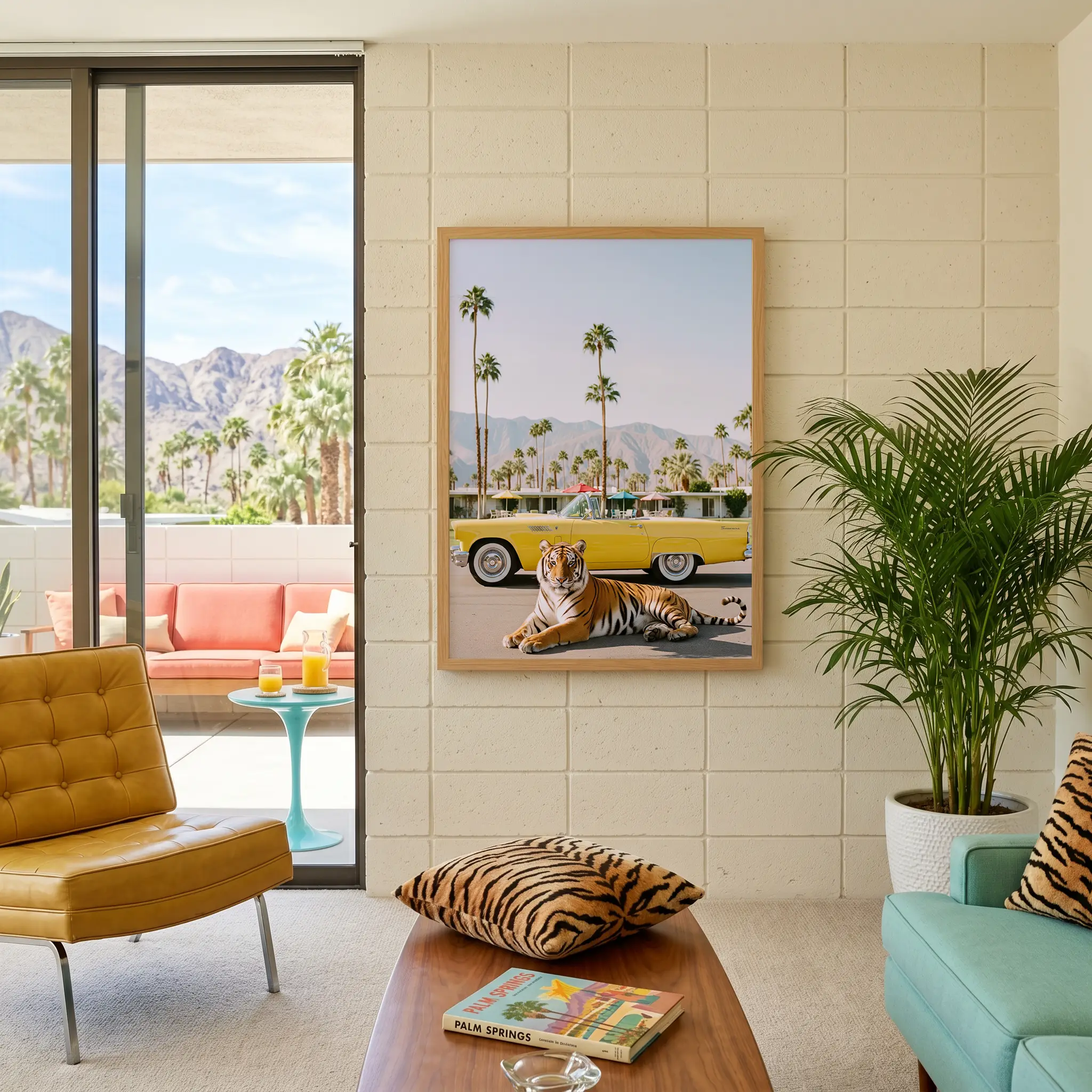 Tiger yellow convertible wall art image 3 with a tiger and yellow convertible composition that captures movement, warm light, and road-trip glamour