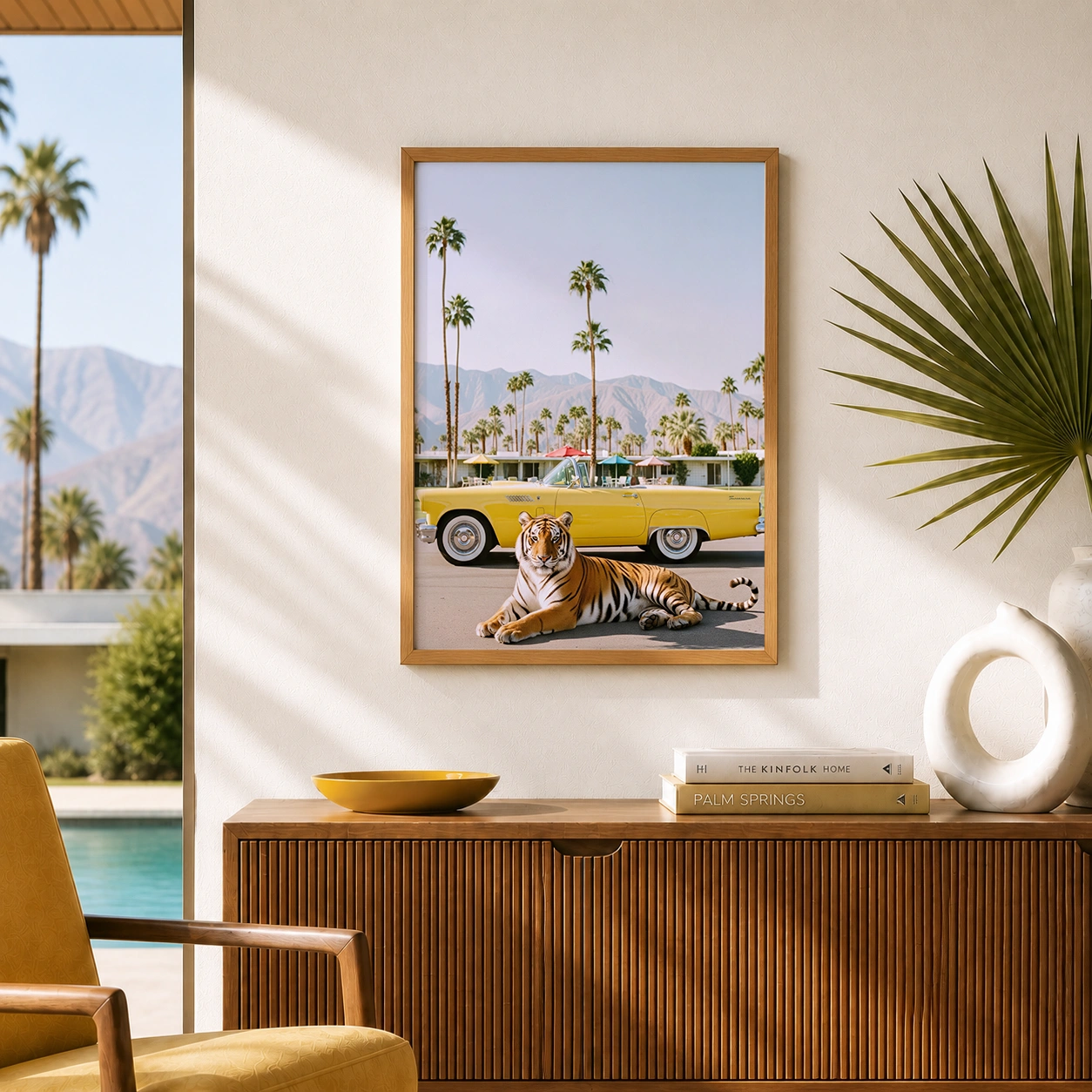Tiger yellow convertible wall art image 2 with a tiger and yellow convertible composition that captures movement, warm light, and road-trip glamour