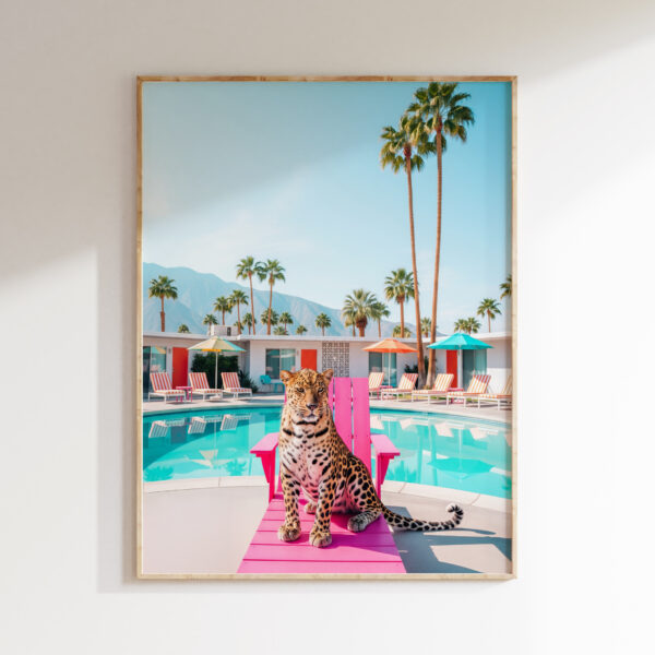 Leopard pink chair wall art image 1 with a leopard set around a pink poolside chair with bright water tones and vacation light