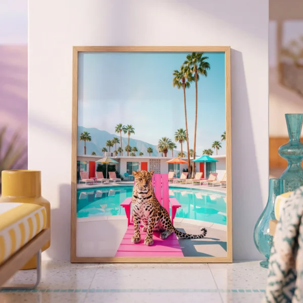 Leopard pink chair wall art image 2 with a leopard set around a pink poolside chair with bright water tones and vacation light