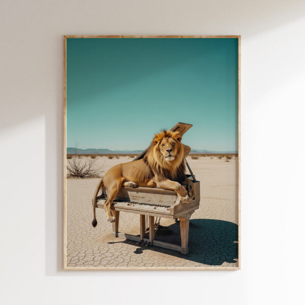Desert lion wall art artwork view 1 with a lion and piano narrative set within expansive desert landscape tones