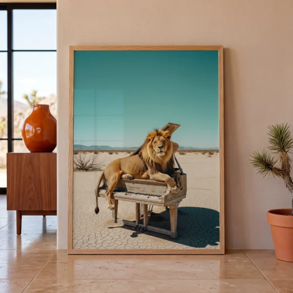 Desert lion wall art artwork view 2 with a lion and piano narrative set within expansive desert landscape tones