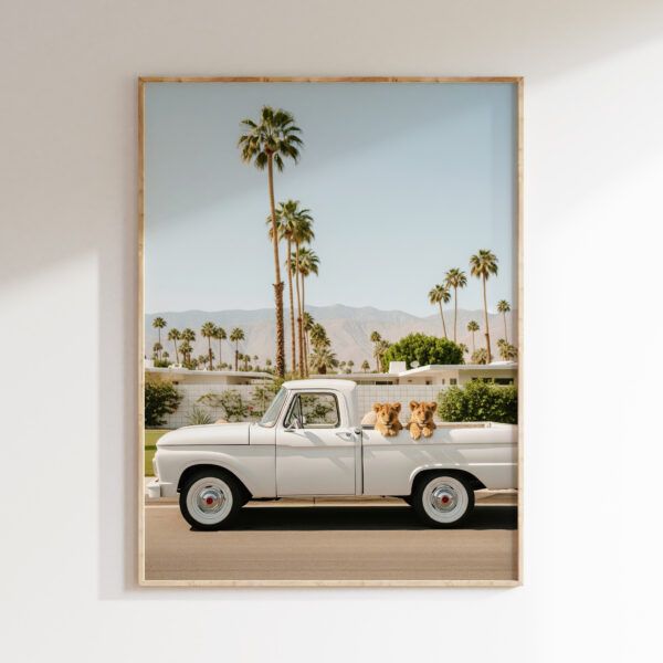 Lion cubs pickup wall art image 1 with two lion cubs with a white pickup in a sunlit retro roadside composition