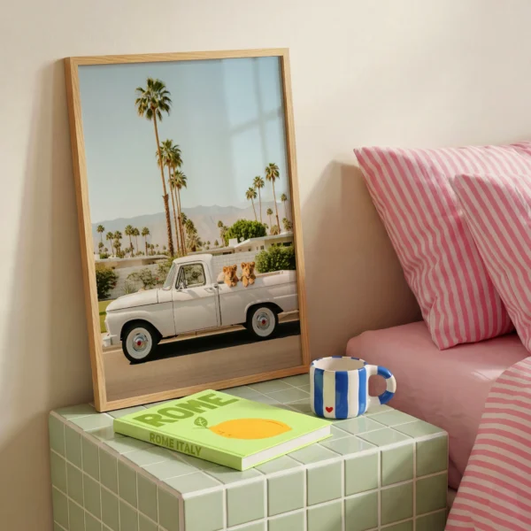 Lion cubs pickup wall art image 2 with two lion cubs with a white pickup in a sunlit retro roadside composition