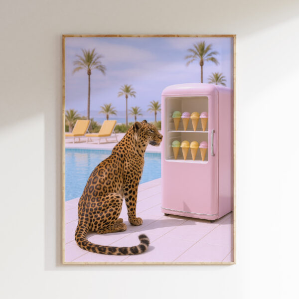 Leopard ice cream wall art with pastel pink fridge by pool