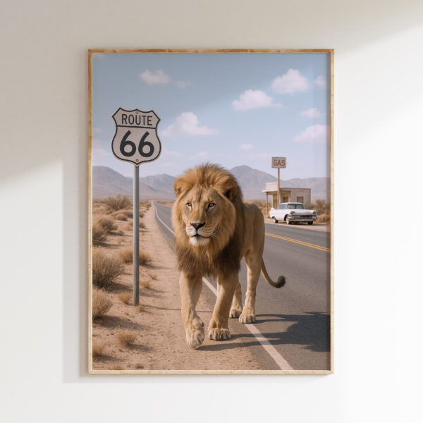 Route 66 lion wall art with retro desert road trip atmosphere