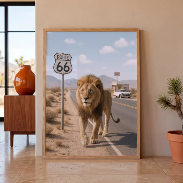 Framed lion route 66 art print for vintage Americana interiors